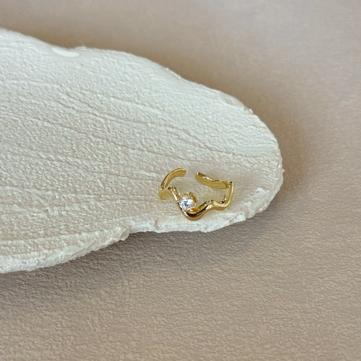 SERAPHINE Gold Plated Sterling Silver Wavy Ring - Adjustable Size With Zircon Stone by Kataleya Jewellery