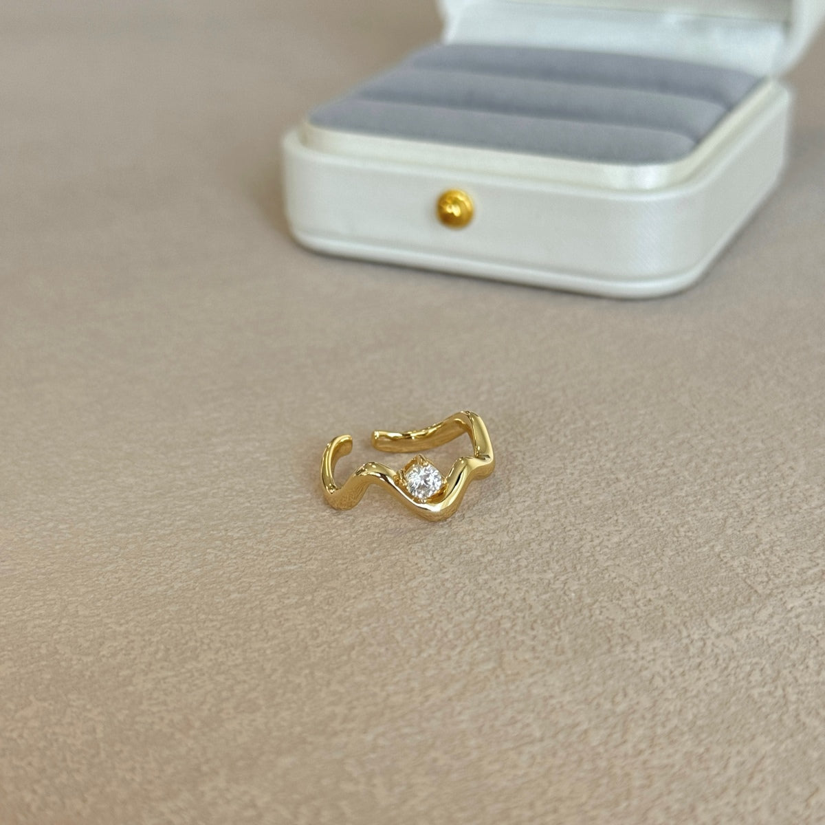 SERAPHINE Gold Plated Sterling Silver Wavy Ring - Adjustable Size With Zircon Stone by Kataleya Jewellery