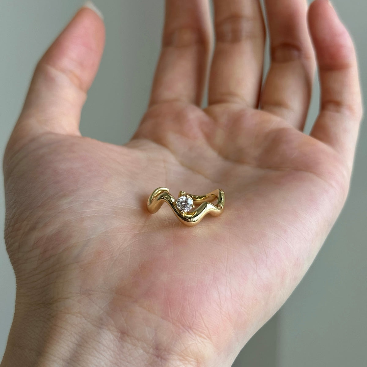 SERAPHINE Gold Plated Sterling Silver Wavy Ring - Adjustable Size With Zircon Stone by Kataleya Jewellery