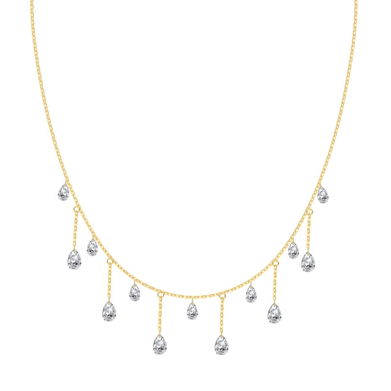 Gold Seraphine Celestia necklace with teardrop-shaped pendant on a white background by Kataleya Jewellery