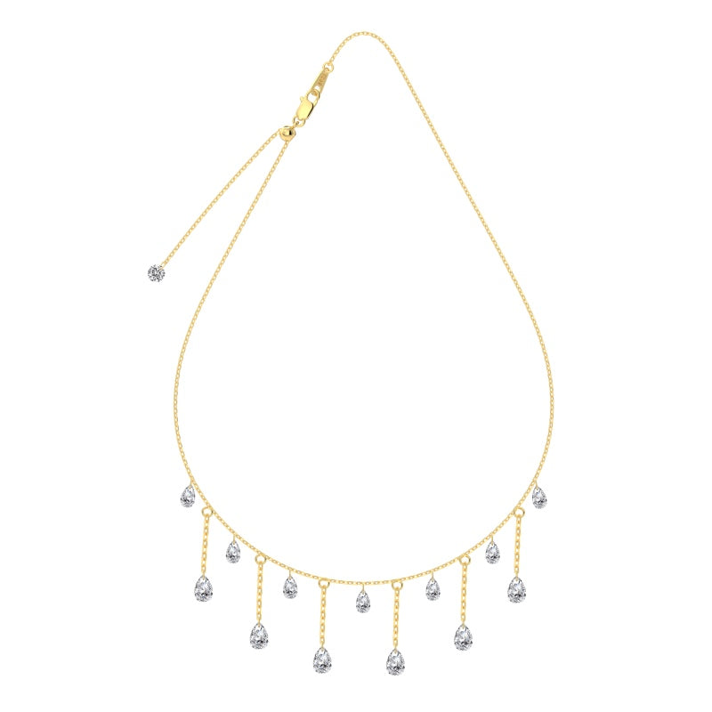 Gold Seraphine Celestia necklace with dangling droplet-shaped pendants on a white background by Kataleya Jewellery