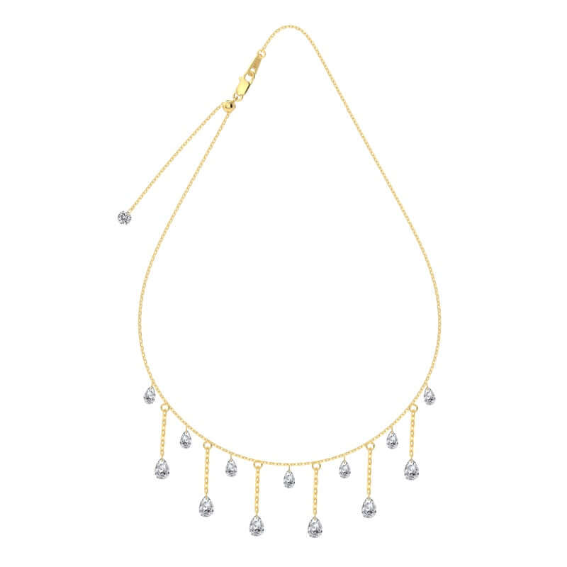 Gold Seraphine Celestia necklace with dangling droplet-shaped pendants on a white background by Kataleya Jewellery
