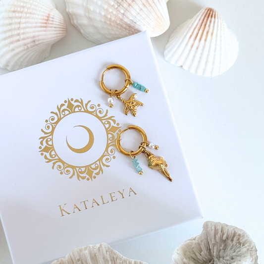 Ocean Earrings, featuring amazonite stones, seashell and starfish, in gold by Kataleya Jewellery