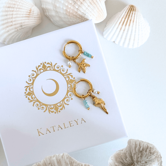 Ocean Earrings, featuring amazonite stones, seashell and starfish, in gold by Kataleya Jewellery