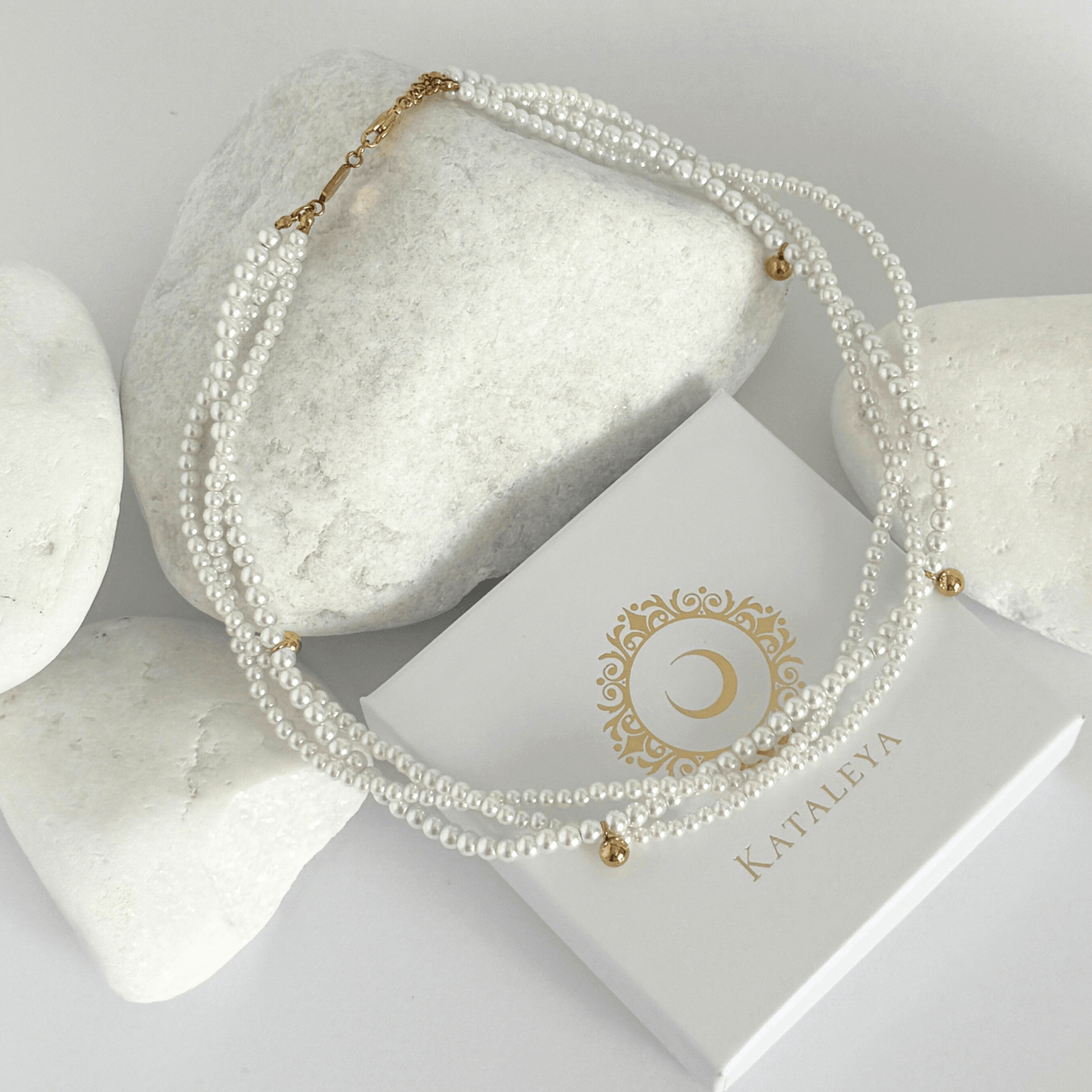 Layered pearl necklace chocker with accented gold beads by Kataleya Jewellery
