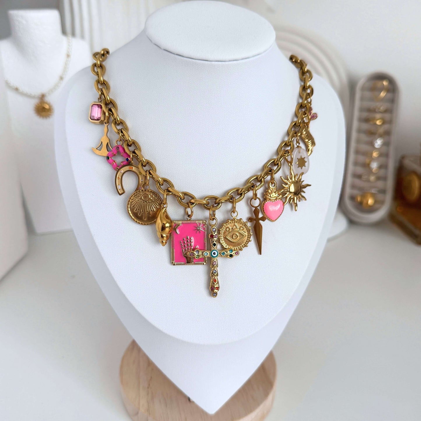 Pink and Gold Charms Necklace by Kataleya