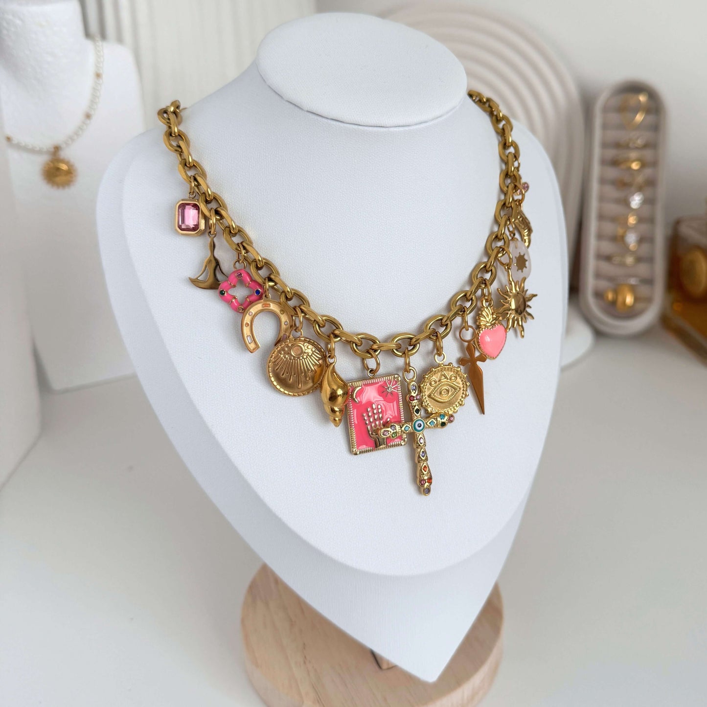 Pink Charm Necklace in Gold by Kataleya Jewelry