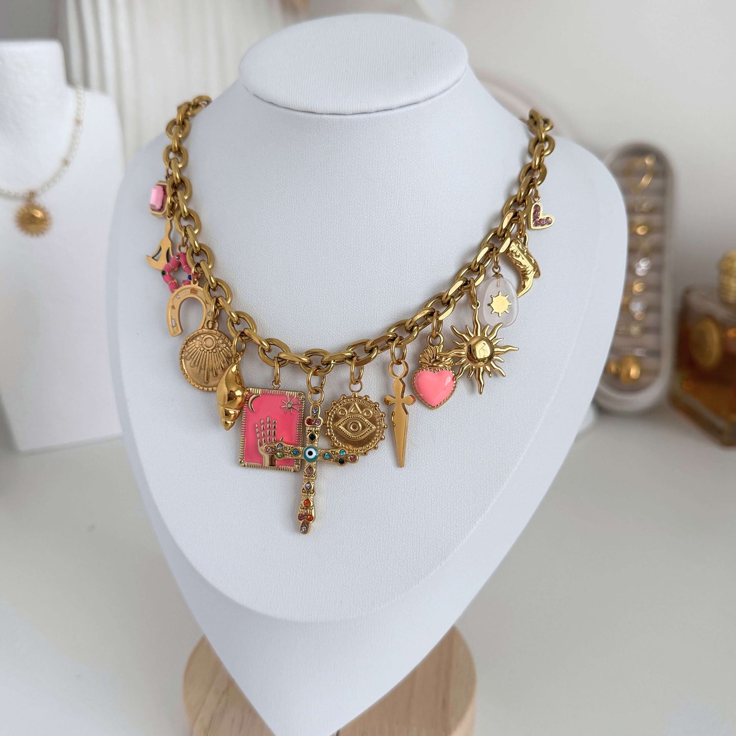 Pink Multi Charm Necklace by Kataleya