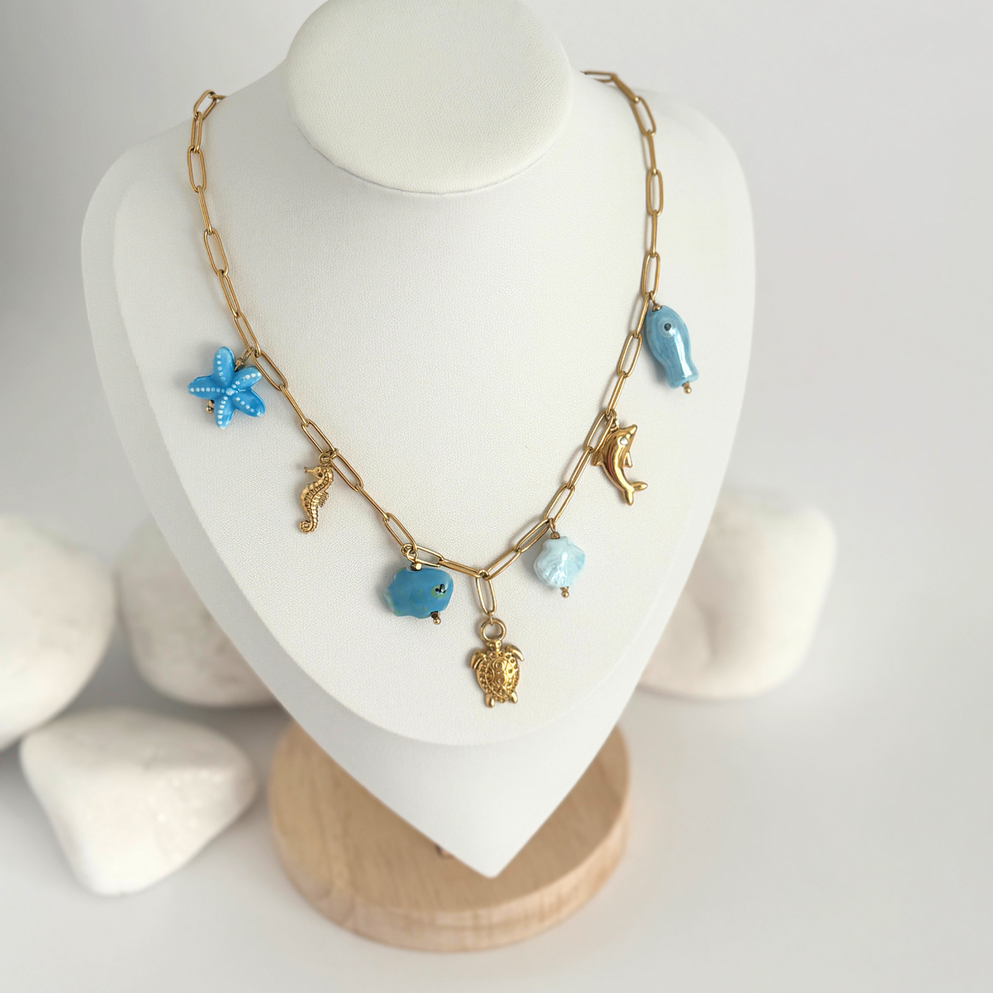 Seaborn Multi Charm Necklace in Blue and Gold by Kataleya Jewellery