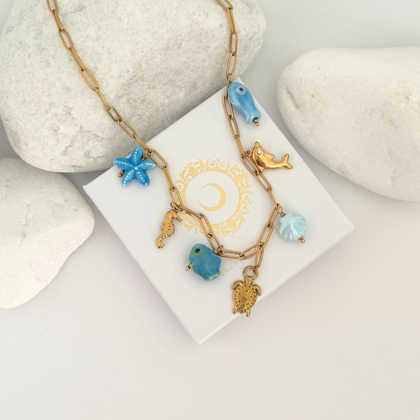 Seaborn Multi Charm Necklace in Blue and Gold by Kataleya Jewellery