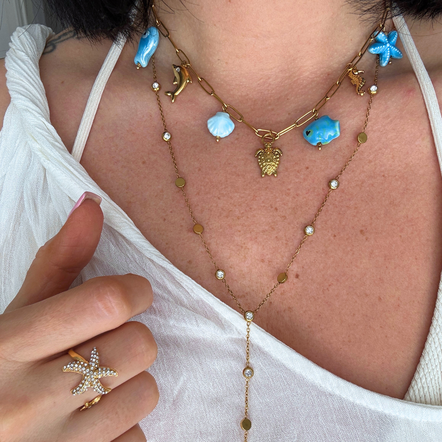 Seaborn Multi Charm Necklace in Blue and Gold by Kataleya Jewellery
