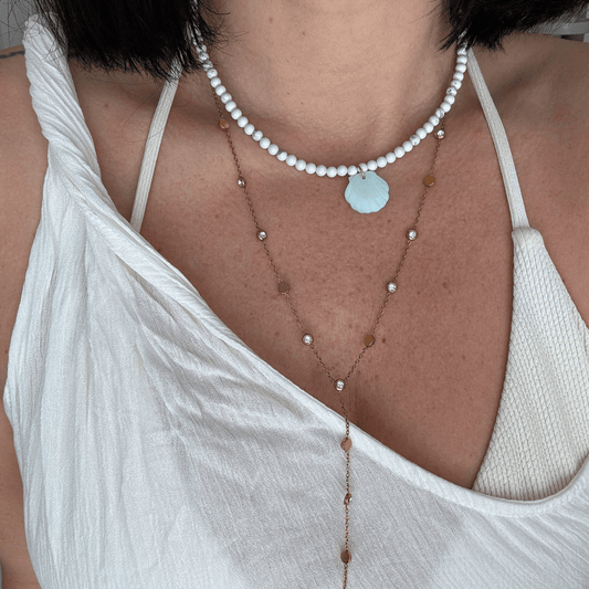 White beaded, howlite, blue seashell charm necklace by Kataleya Jewellery
