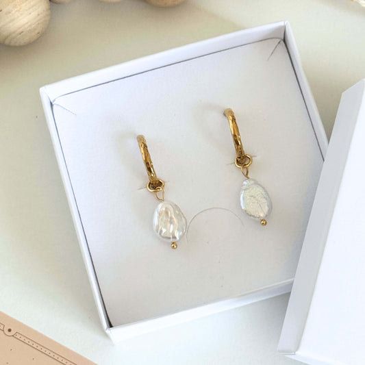 Sirena Gold Pearl Hoops Earrings by Kataleya