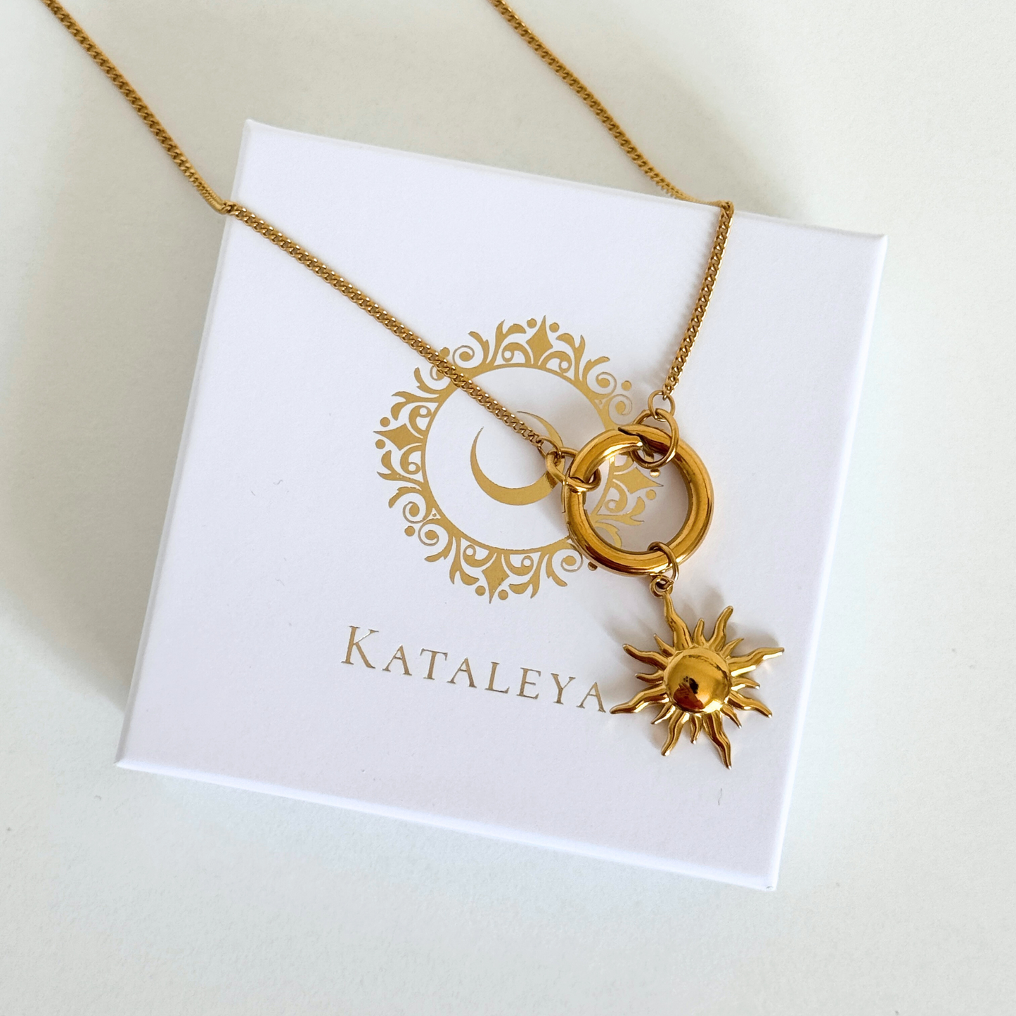 Solana Gold Carabiner Necklace with Sun Charm by Kataleya.