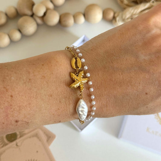Gold Starfish Pearl Charm Layered Bracelet by Kataleya