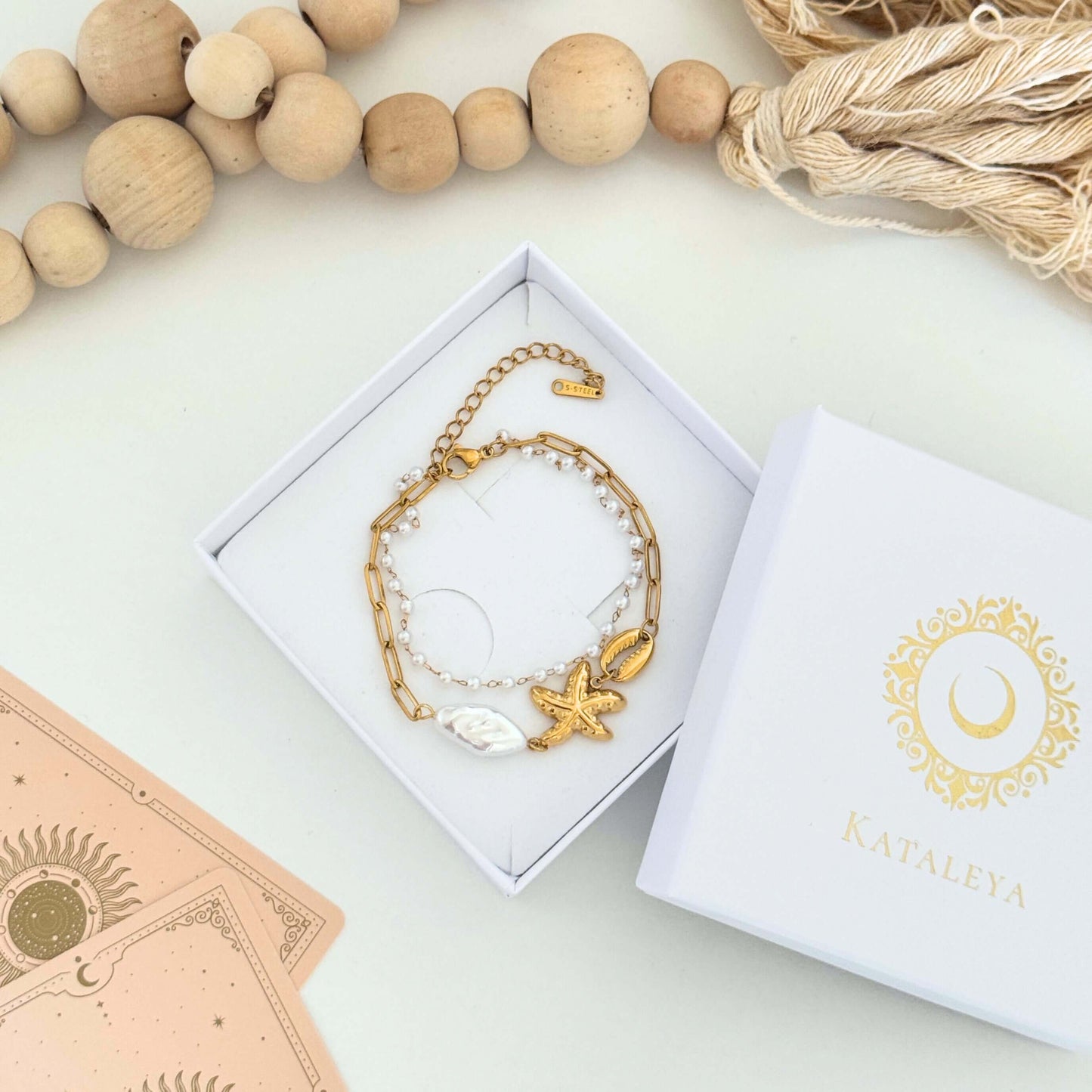 Gold Starfish Pearl Charm Layered Bracelet by Kataleya