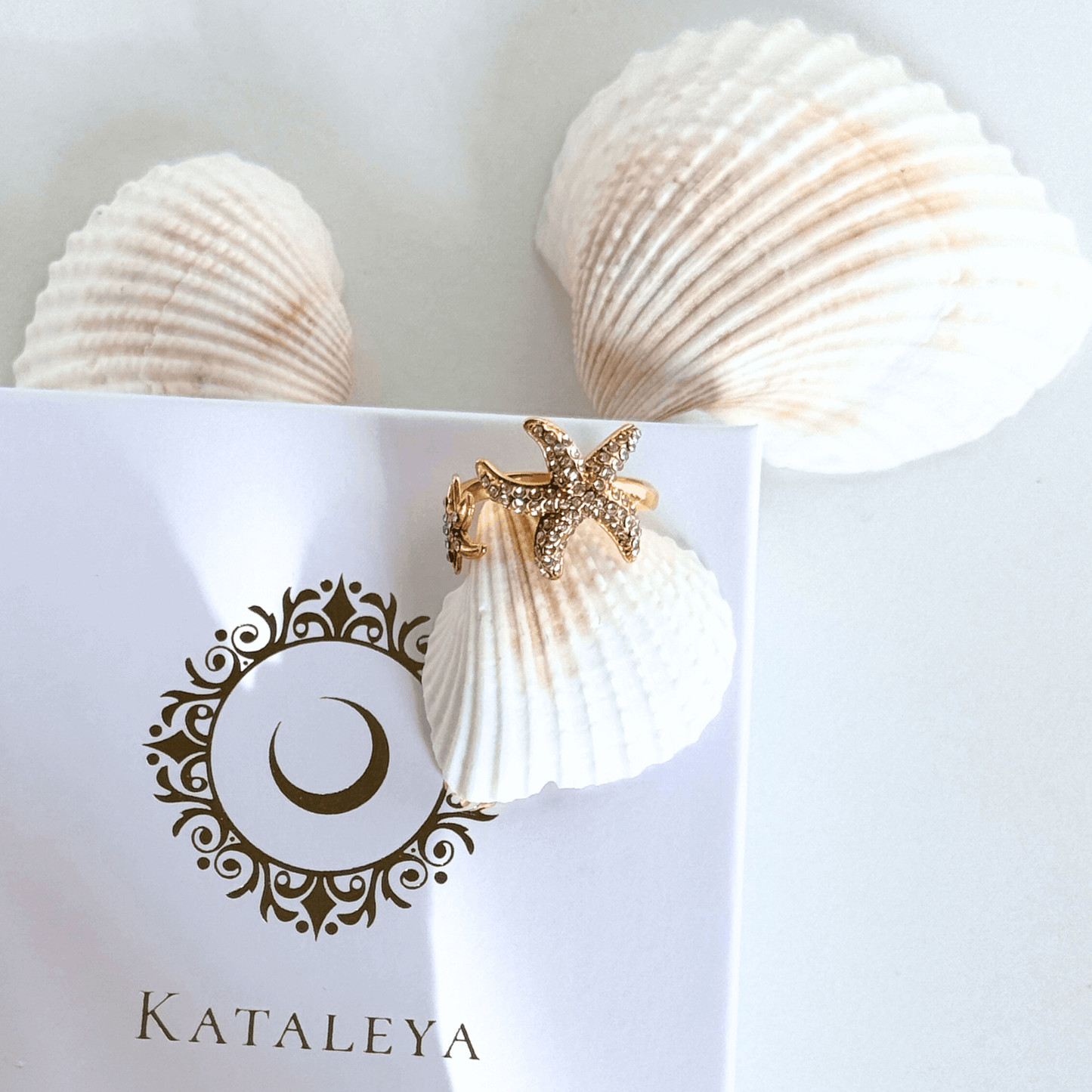 Starfish Dreams Ring, Adjustable, Gold Ring, Adorned with CZ Stones, by Kataleya.