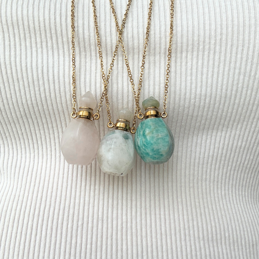 Tide Essence Parfum, Potion Bottle , Amazonite, Rose Quartz, White Crystal Cluster Necklace by Kataleya Jewellery