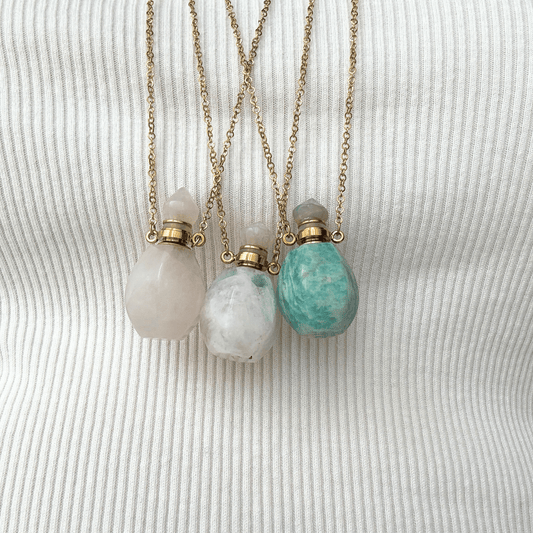 Tide Essence Parfum, Potion Bottle , Amazonite, Rose Quartz, White Crystal Cluster Necklace by Kataleya Jewellery