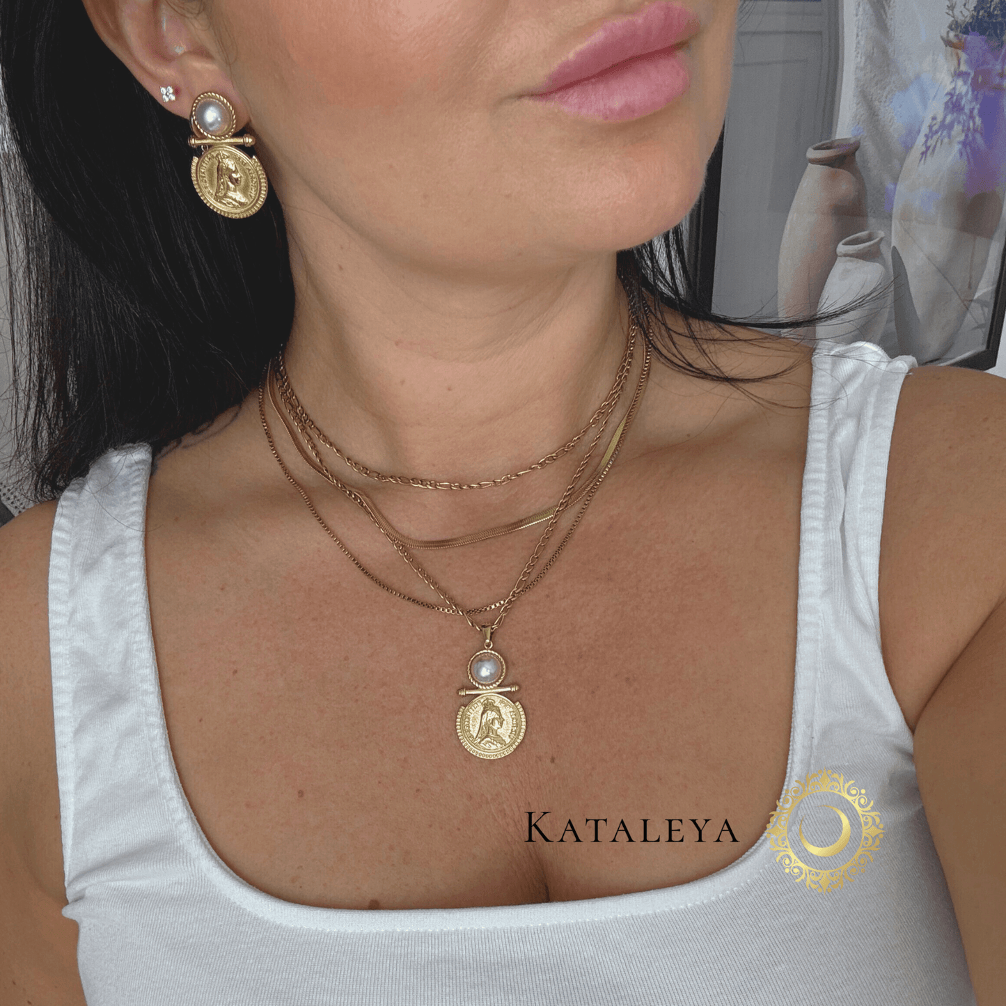 Aura Coin Pearl Necklace worn with matching earrings, showcasing elegant design and modern style.