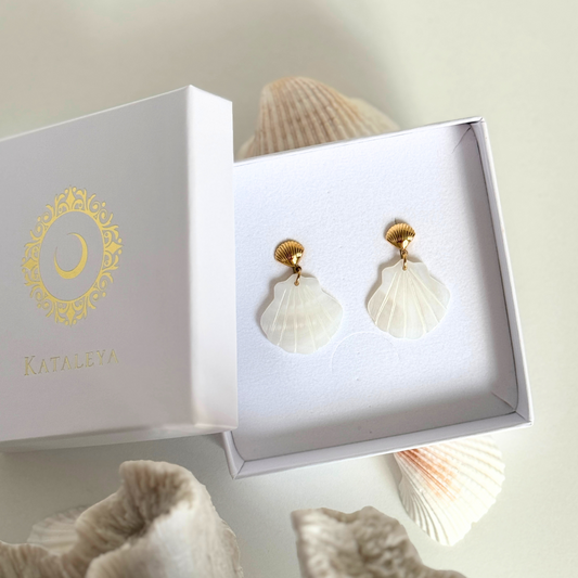 White Shell Gold Drop Earrings by Kataleya Jewellery