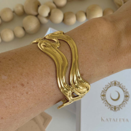 Yemaya Gold Wave Cuff Bangle by Kataleya Jewellery