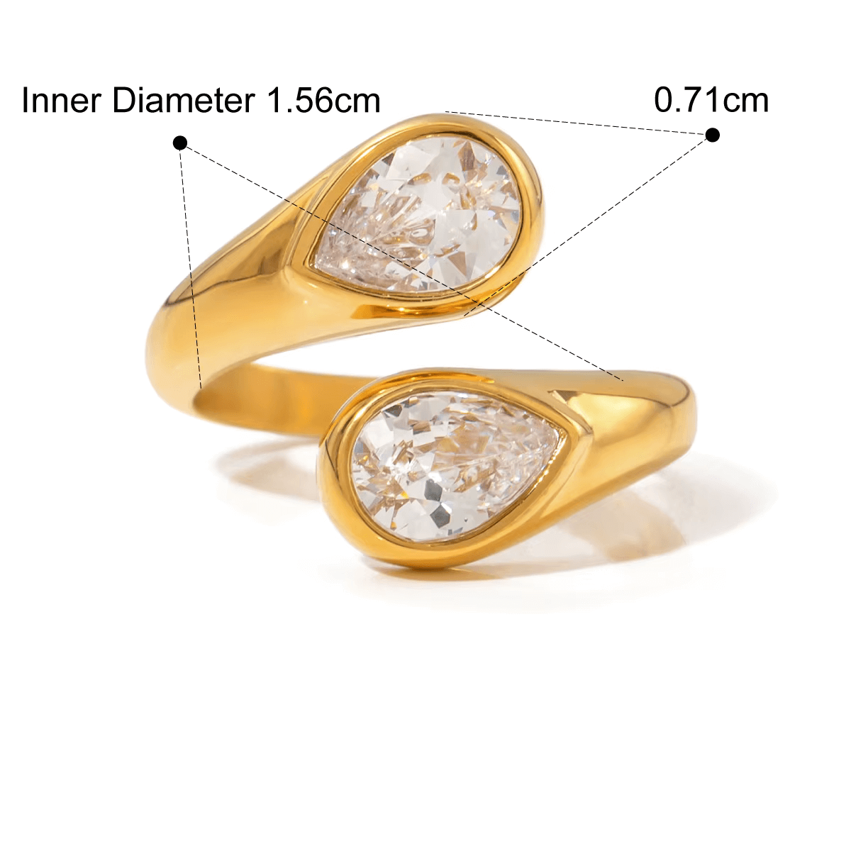 Twin Sparkle Wrap Ring with teardrop zircon stones, 18ct gold plated, waterproof, tarnish-free, and hypoallergenic.