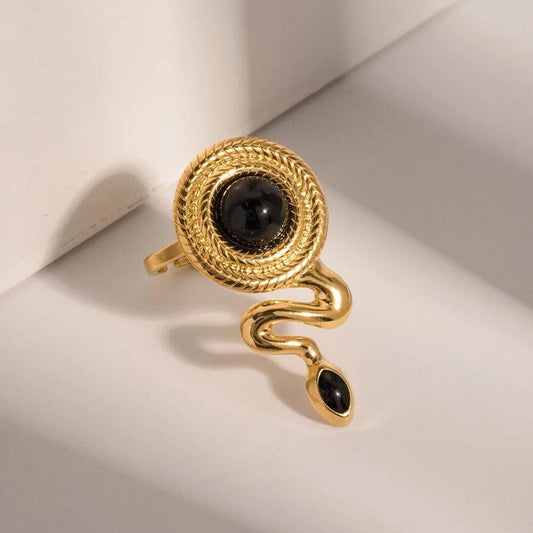 Unique gold plated Snake Agate Ring featuring a black agate stone, designed with a stylish snake motif.