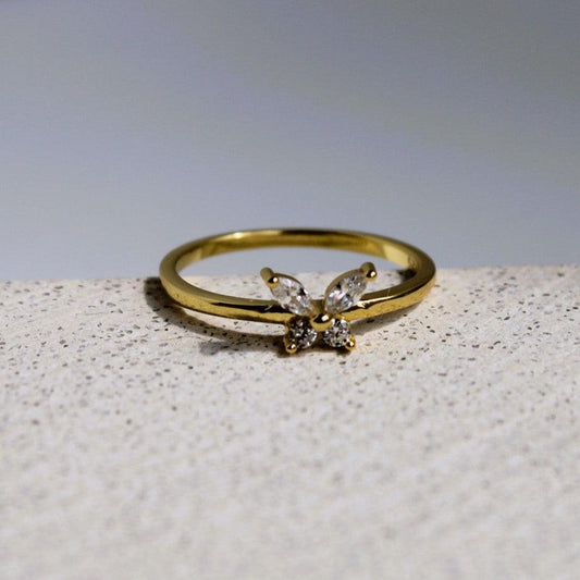 Butterfly Zirconia Ring in gold plated sterling silver featuring butterfly-shaped zirconia stones, elegant jewelry piece.