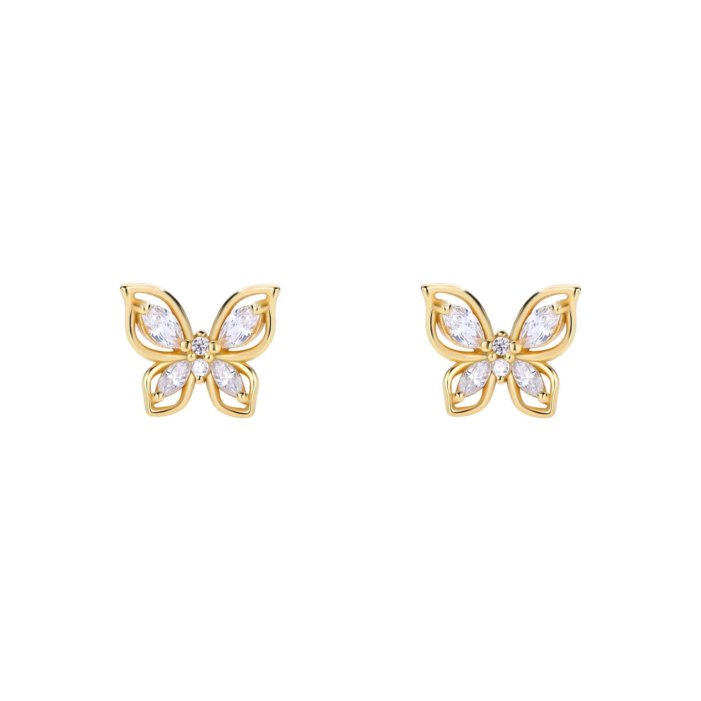 Elegant butterfly stud earrings in gold plated silver with shimmering zirconia for a luxurious touch.