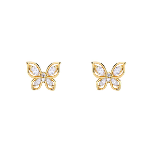 Elegant butterfly stud earrings in gold plated silver with shimmering zirconia for a luxurious touch.