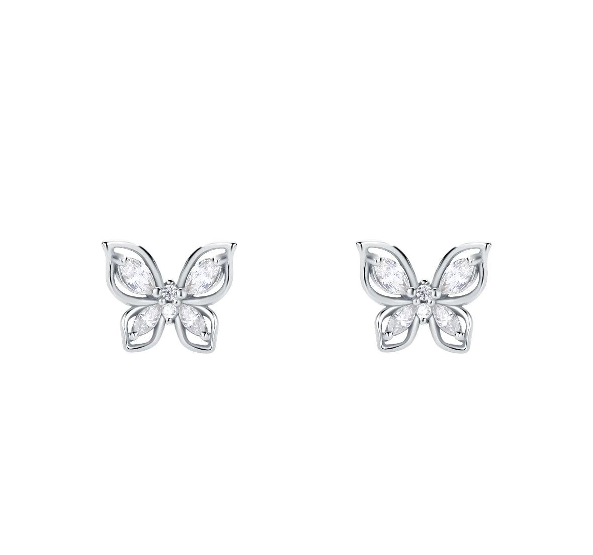 Elegant butterfly stud earrings in rhodium plated sterling silver with shimmering zirconia stones.