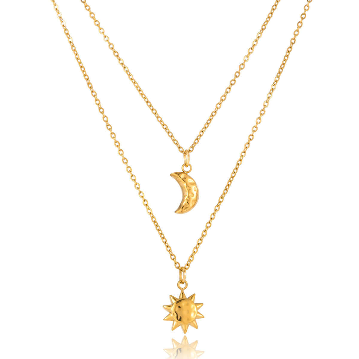 Celestial Harmony Necklace featuring sun and moon pendants on layered gold chains, waterproof jewellery for elegant style.