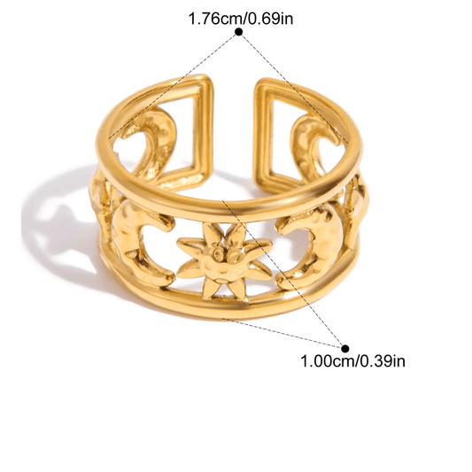 Image of the Celestial Harmony Ring, a waterproof, gold-plated stainless steel ring featuring moon and star designs.