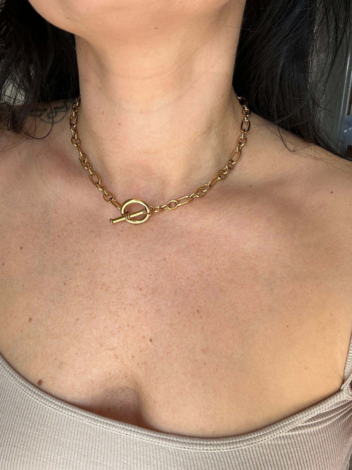 Chunky Gold Plated Stainless Steel T-bar Chain Necklace - Kataleya