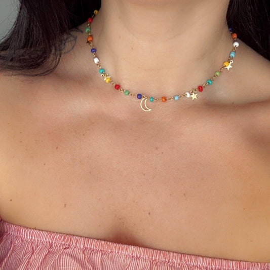 Colourful Beaded Moon and Star Necklace - Kataleya