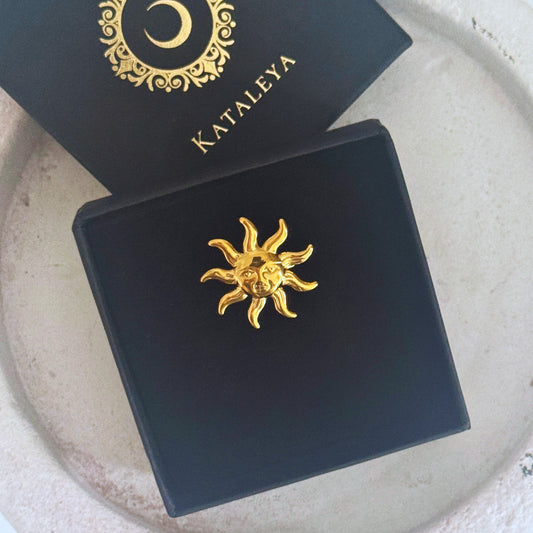 Gold Sun Ring displayed in elegant packaging, showcasing its radiant design and quality craftsmanship.