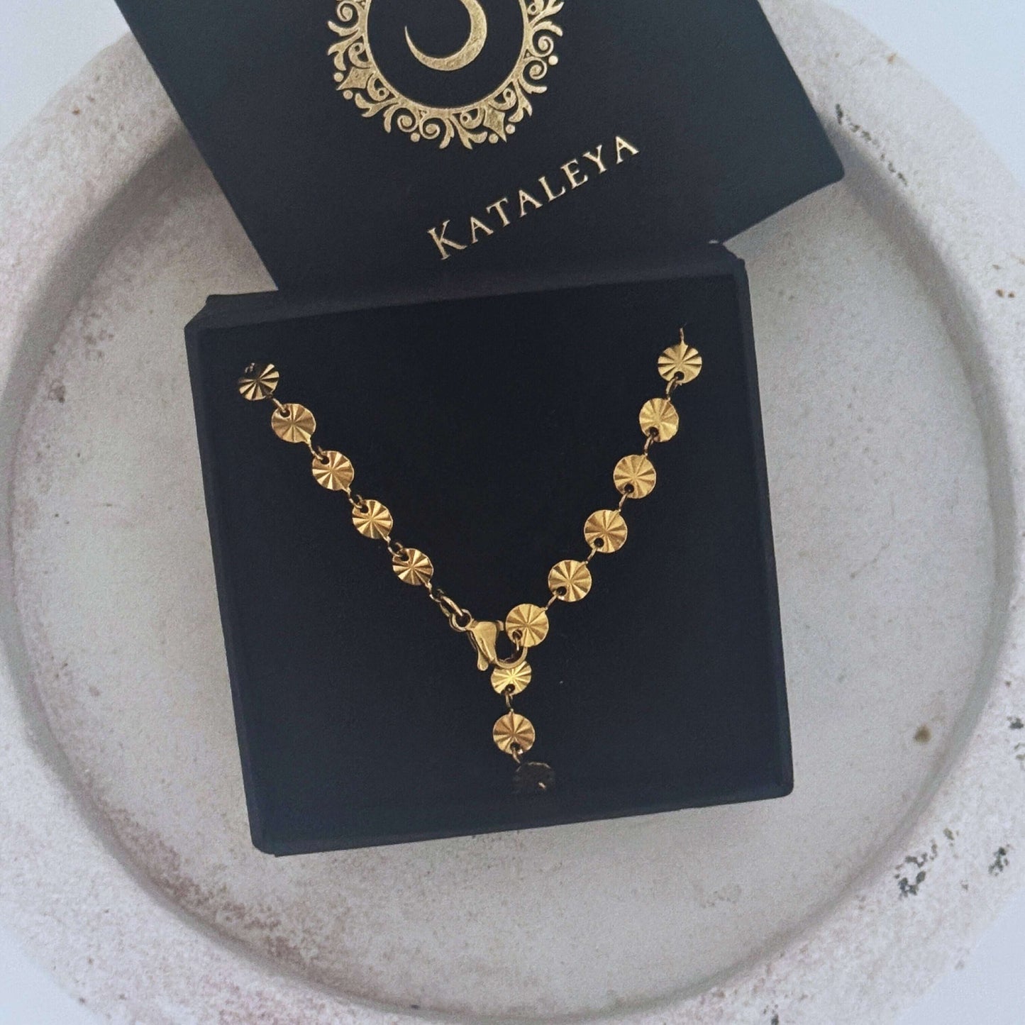 Long Disc Lariat Necklace – Waterproof | Tarnish Free presented in elegant gift box.
