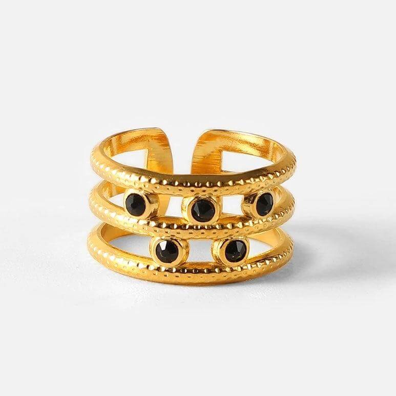Dotty Triple Gold Ring featuring gold stainless steel with black dots, adjustable band for versatile fit.