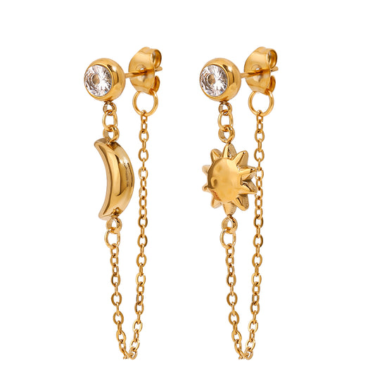 Celestial Harmony Earrings showcasing gold crescent moon and sun with sparkling zircon studs, waterproof and tarnish free.