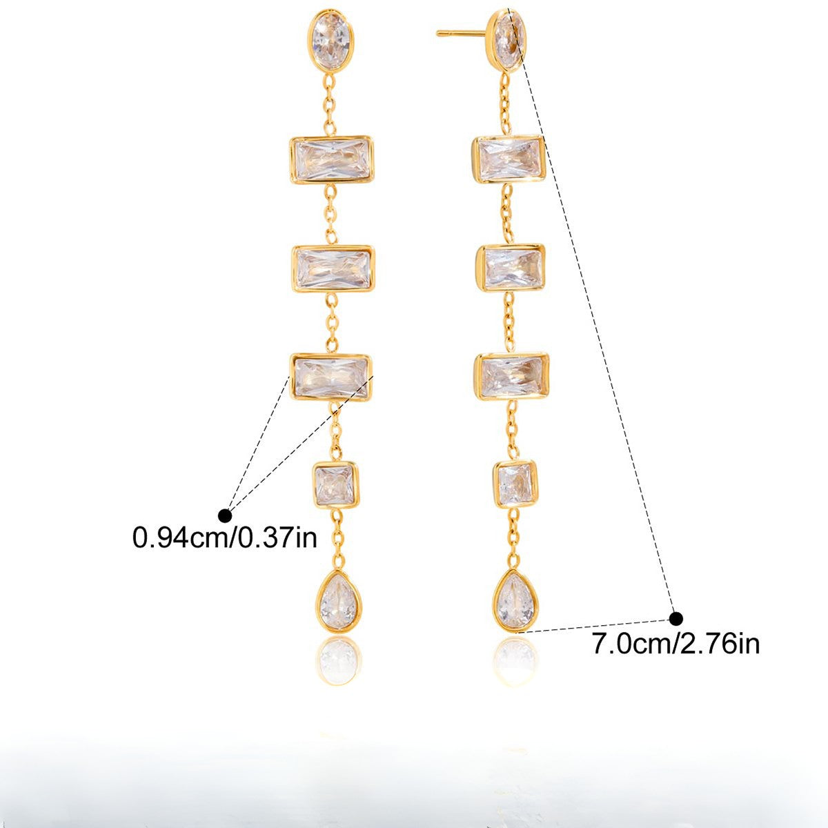 Gold Baguette Drop Earrings featuring baguette-cut stones in a sleek linear design, catching light with every movement.
