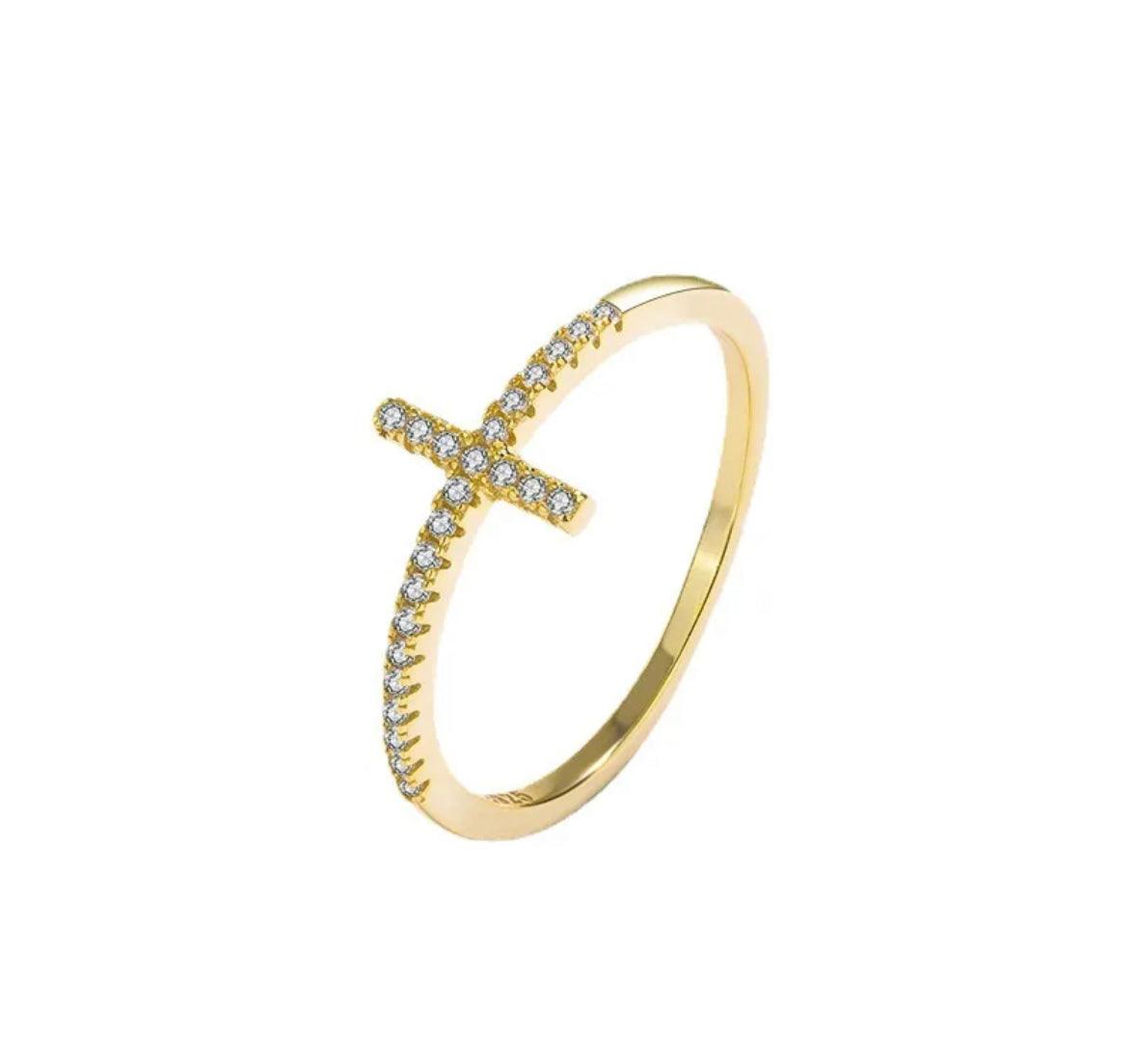 Gold Plated Cross Zirconia Ring - Sterling Silver - Kataleya