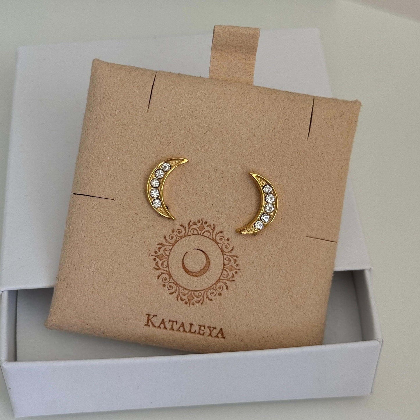 Gold CZ Stud Earrings Moon - Kataleya