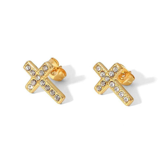 Gold cross zirconia studs featuring 11 cubic zirconia stones, perfect for luxury and sophistication.