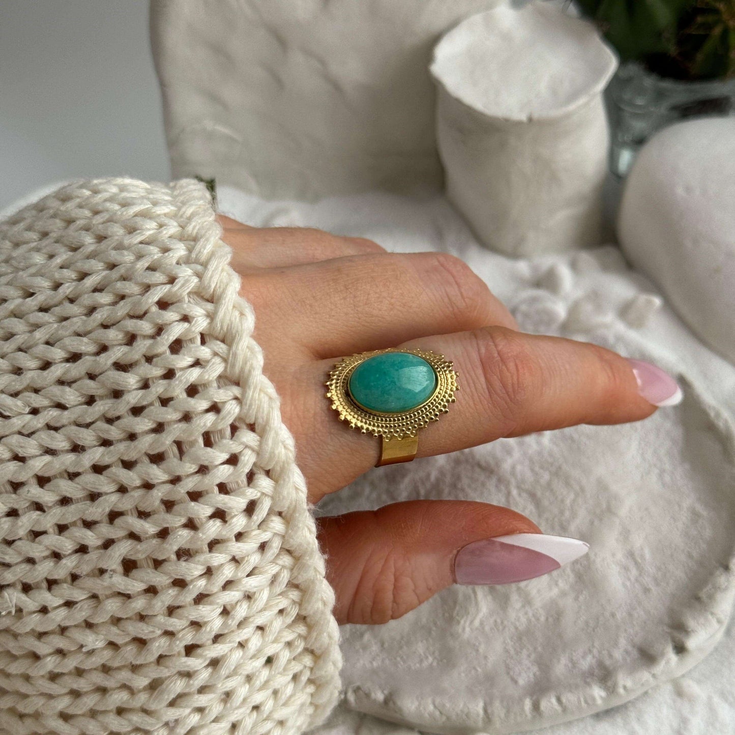 Havasu - Blue - Green Oval Stone Adjustable Ring - Kataleya