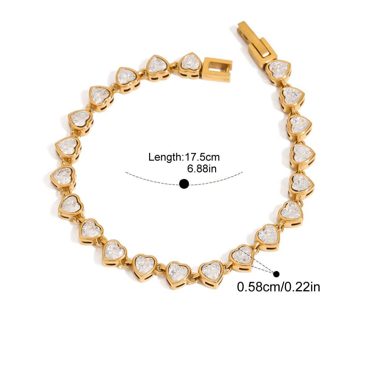 Heart Tennis Bracelet featuring heart-shaped cubic zirconia stones, gold-plated design, 17.5cm length, tarnish free.
