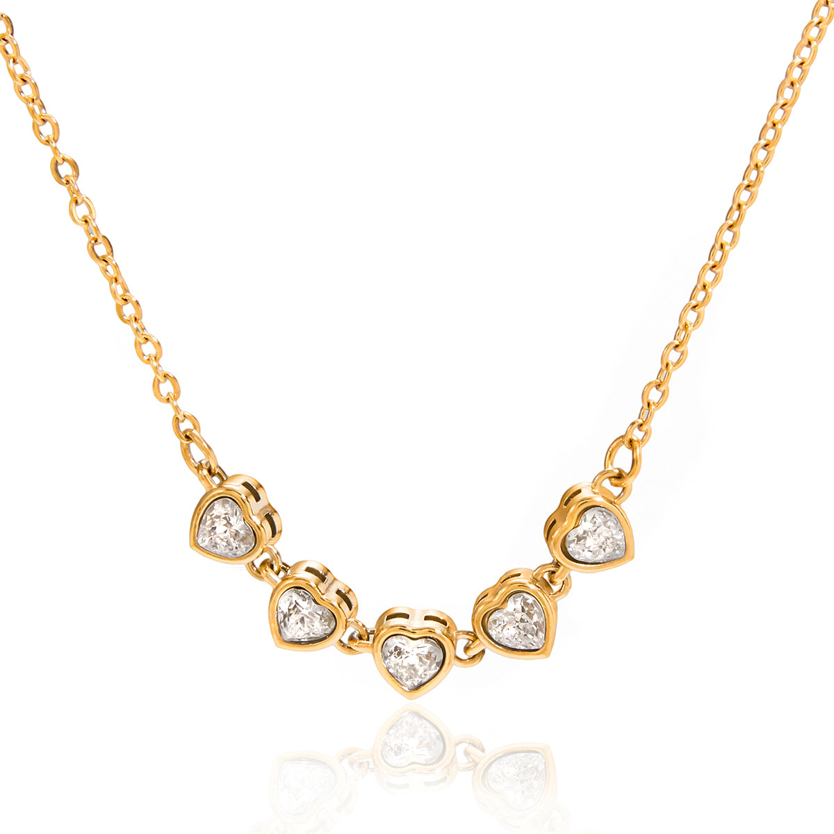 Heart Tennis Chain Necklace featuring five heart-shaped cubic zirconia stones on a delicate gold chain.
