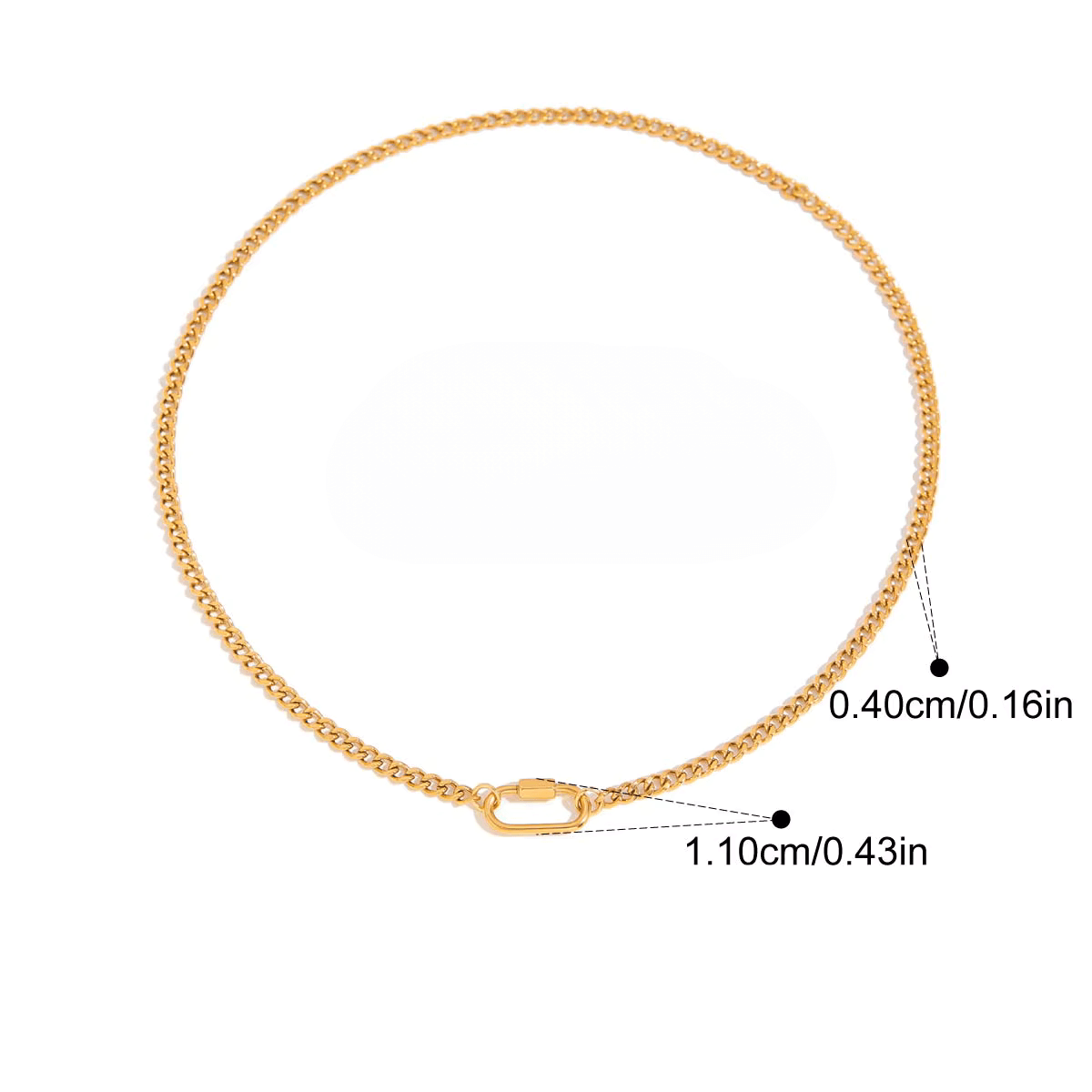 Oval Carabiner Charm Necklace with gold-plated stainless steel chain and dimension details.