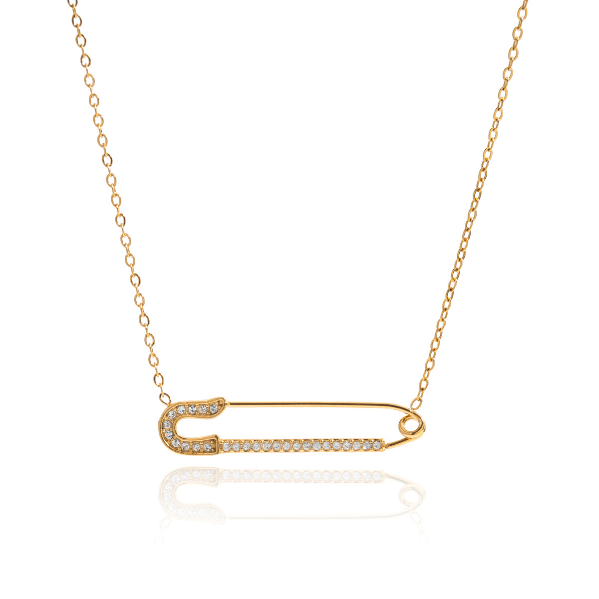 Safety Pin Necklace | Waterproof & Tarnish Free design with gold finish and shiny embellishments on a delicate chain.