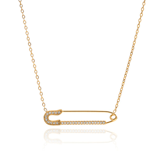 Safety Pin Necklace | Waterproof & Tarnish Free design with gold finish and shiny embellishments on a delicate chain.